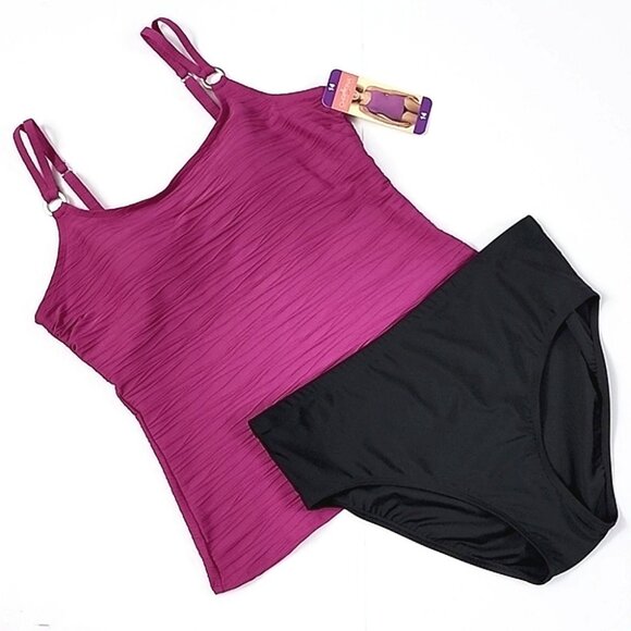 CHRISTINA Women's 2 Piece Tankini Swimsuit Fuschia Black Built-In Bra Size 14 - Picture 1 of 16